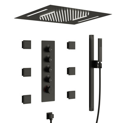 Système de douche thermostatique à DEL de 23 po à montage au plafond avec effet pluie et cascade, jets corporels et douchette à main
