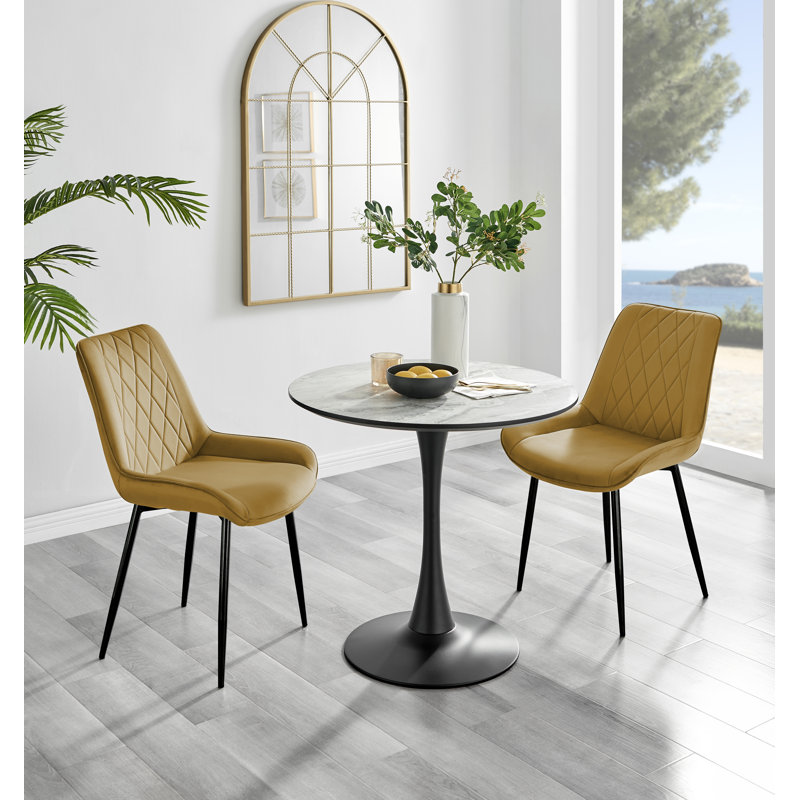 Marble Effect Round Dining Table and 2 Upholstered Dining Chairs, Mustard, Black