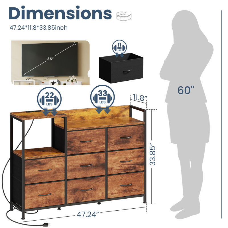 TV Stand with Open Storage Shelves and Charging Station, Entertainment Center with 8 Fabric Drawer, TV Media Console Table with Wood Top, Storage Organizer