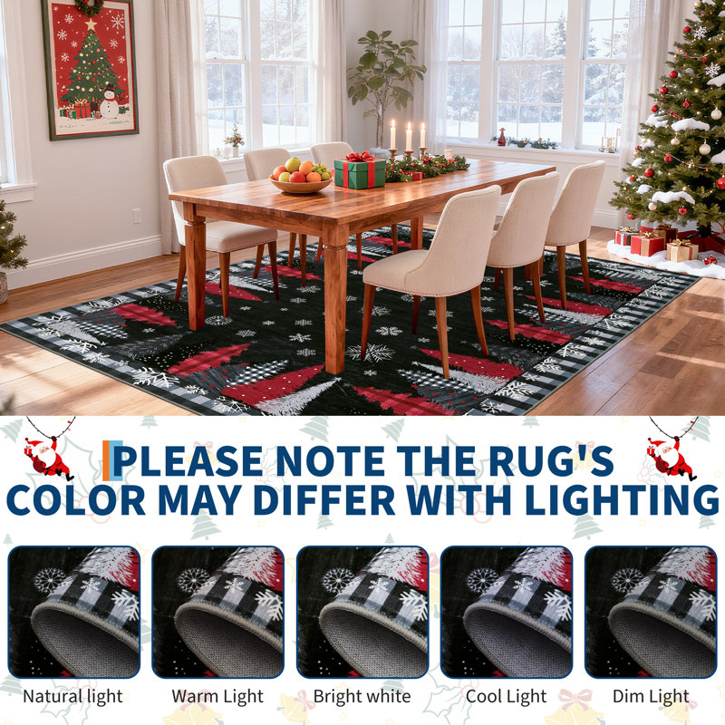 Tapis de Noël flocon de neige et arbre, lavable à la machine, antidérapant, à poils courts, Noir, 8 x 10 pi