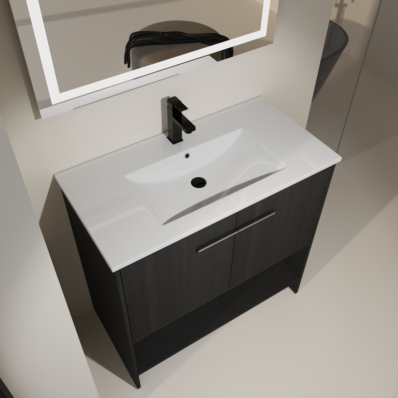 Meuble-lavabo autoportant 36 po avec lavabo en céramique 36 po, 2 portes à fermeture douce, Chêne noir