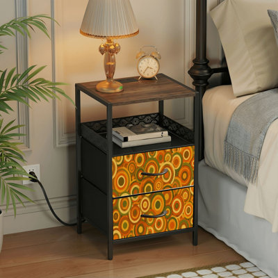 Table de chevet 2 tiroirs avec station de charge, table de chevet pour chambre à coucher avec ports USB, tablette ouverte noire, table de chevet avec cercles rétro colorés à pois chauds