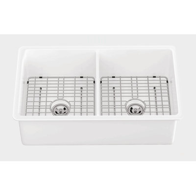32 Inch x 19 Inch x 10 Inch Undermount Double Bowl Fireclay Kitchen Sink - Durable and Easy-to-Clean Dual Mount White Porcelain Basin