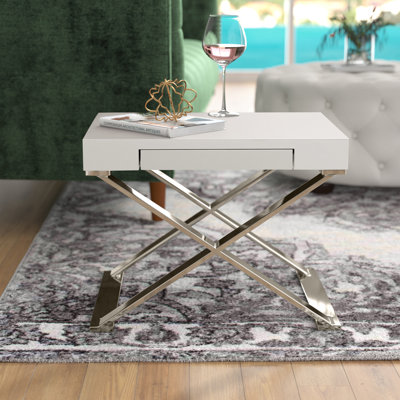     Pangea Home Alexa Modern Side Table – Contemporary Accent Table with Sleek Minimalist Design for Living Room, Bedroom, or Lounge Spaces - Nightstand with Pull Out Drawer - Modern X-Leg Table - Glossy Lacquer- White Side Table
