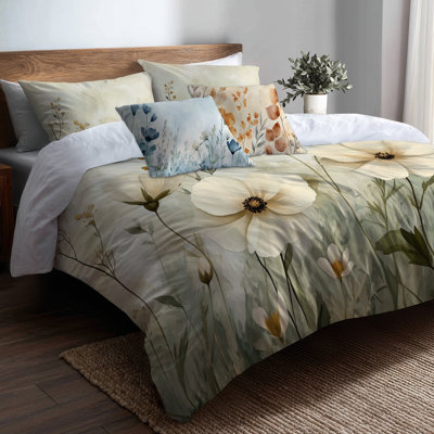 Neutral Cream Wildflowers Bedding Set 5 Pcs - Cream Meadow Duvet Cover And Throw Pillows