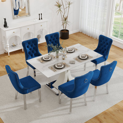 Rectangle Tempered Glass Dining Table Set, Luxury Dining Table with Tufted Velvet Dining Chair for Dining Room