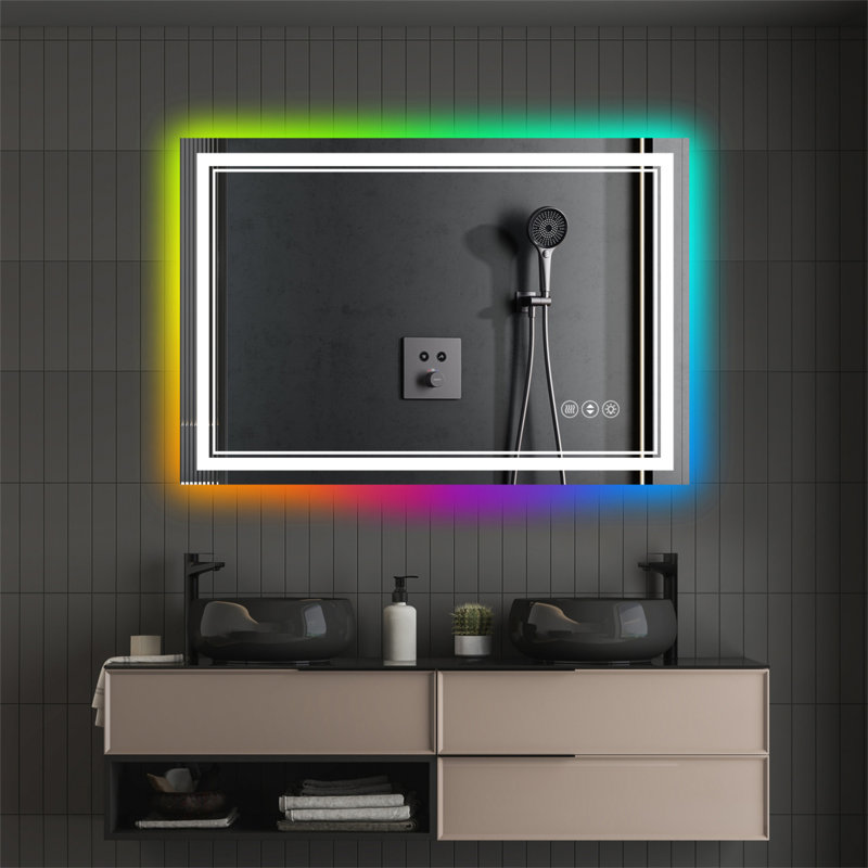 Miroir de salle de bain 48 po x 30 po à DEL sans cadre, miroir intelligent, rétroéclairage RVB, 48 po x 30 po