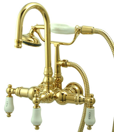 Robinet de baignoire à fixation murale à trois poignées avec douche à main à pattes Vintage, Laiton poli