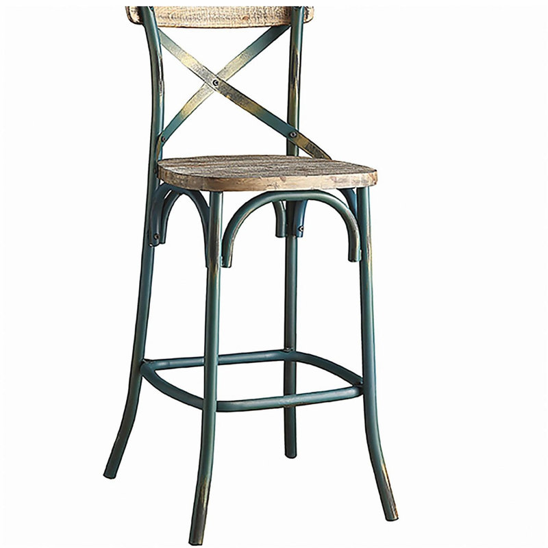 Tabouret de bar à dossier croisé turquoise antique et chêne antique