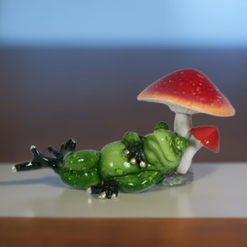 6"W Frog Sleeping under Mushroom Figurine