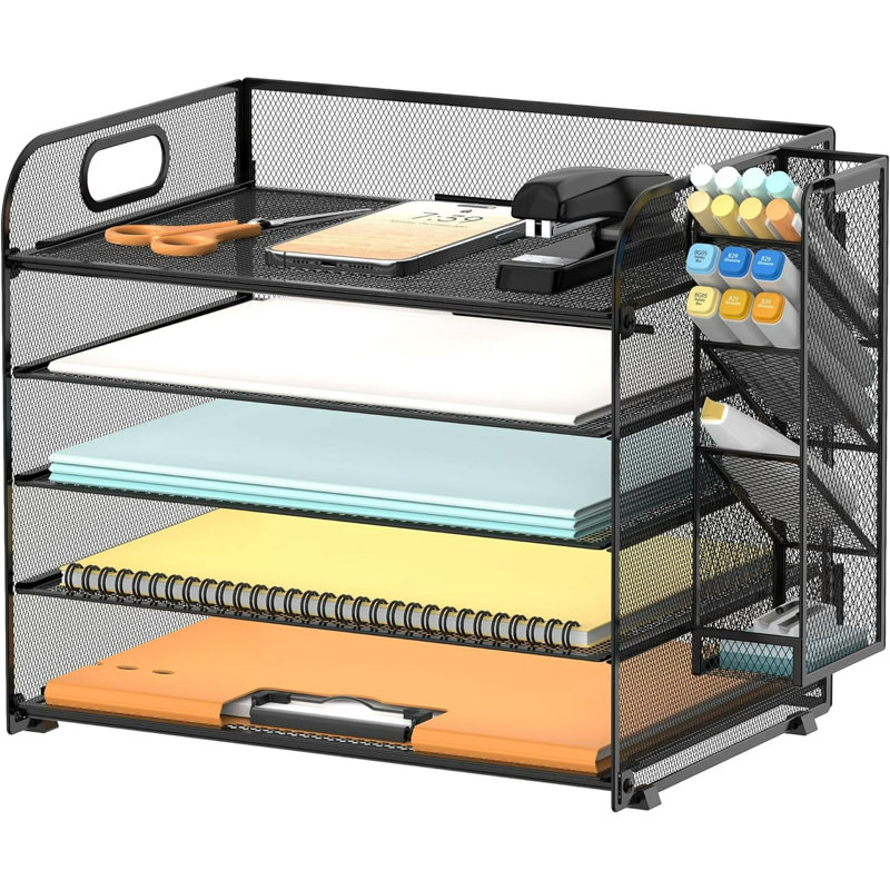 Organisateur de bureau en filet à 5 niveaux avec poignée et porte-stylos amovibles, Noir
