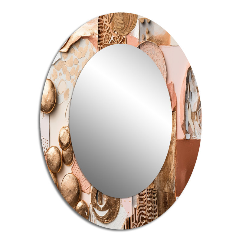 Gold And White Geometric Serenity II - Large Oval Wall Mirror On Metal, 40" x 30"