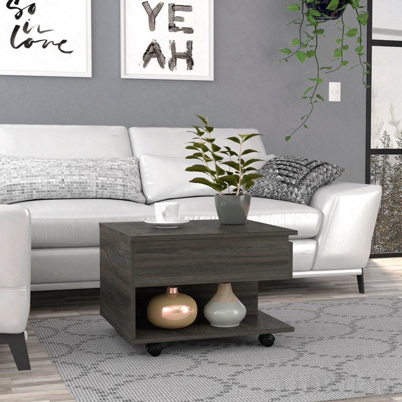 Table basse à plateau relevable espresso avec roulettes et une tablette, Brown, H 11,6 po x L 31,4 po x l 21,4 po
