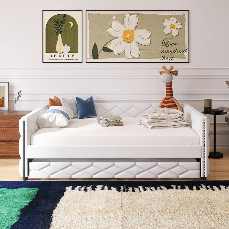 Lit de jour rembourré avec couchette en bois et taille XL, Blanc