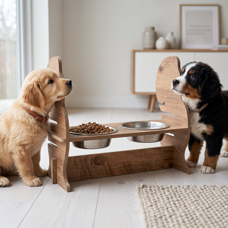 Distributeur de croquettes double surélevé en bois naturel rustique, en forme de silhouette de chat, avec bols en acier inoxydable