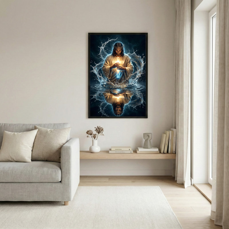 Tableau sur toile tendue représentant Jésus-Christ avec une croix lumineuse et son reflet dans l'eau (1 pièce)