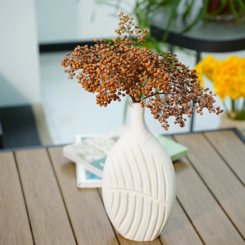 Vase en bois texturé blanc fait à la main avec motif de feuilles, vase décoratif rustique moderne de 13,78 po pour les fleurs, pièce maîtresse pour le salon, la table de salle à manger, le bureau et la chambre à coucher