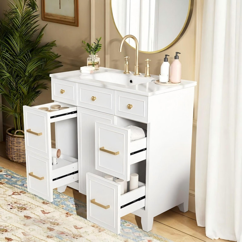 36" Bathroom Vanity With Ceramic Sink,solid Wood Frame, Soft Close Doors, White