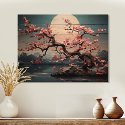 «Pink Cherry Blossom Twilight», paysage romantique sur bois