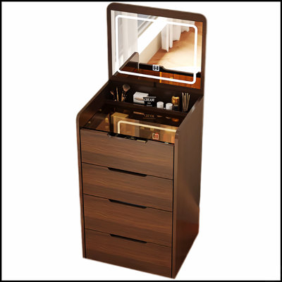 Meuble-lavabo compact 3-en-1 en noyer avec miroir rabattable, bureau en verre visible et 3 tiroirs pour le maquillage et le rangement
