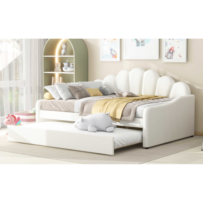Upholstered Daybed In White With Trundle And Comfortable Padding - Elegant Stitching Lines, Strong Construction, Multipurpose Bed Full Size Shall Shaped Stylish Look, Upholstery, Versatile Bedroom