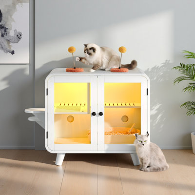 Enceinte de litière cachée pour chat avec lumière à DEL RVB, maisonnette pour chat avec escalier et jouets à pompons pour le plaisir, armoire de toilette pour chat avec passage pour fuites de litière et portes en verre pour une meilleure vue