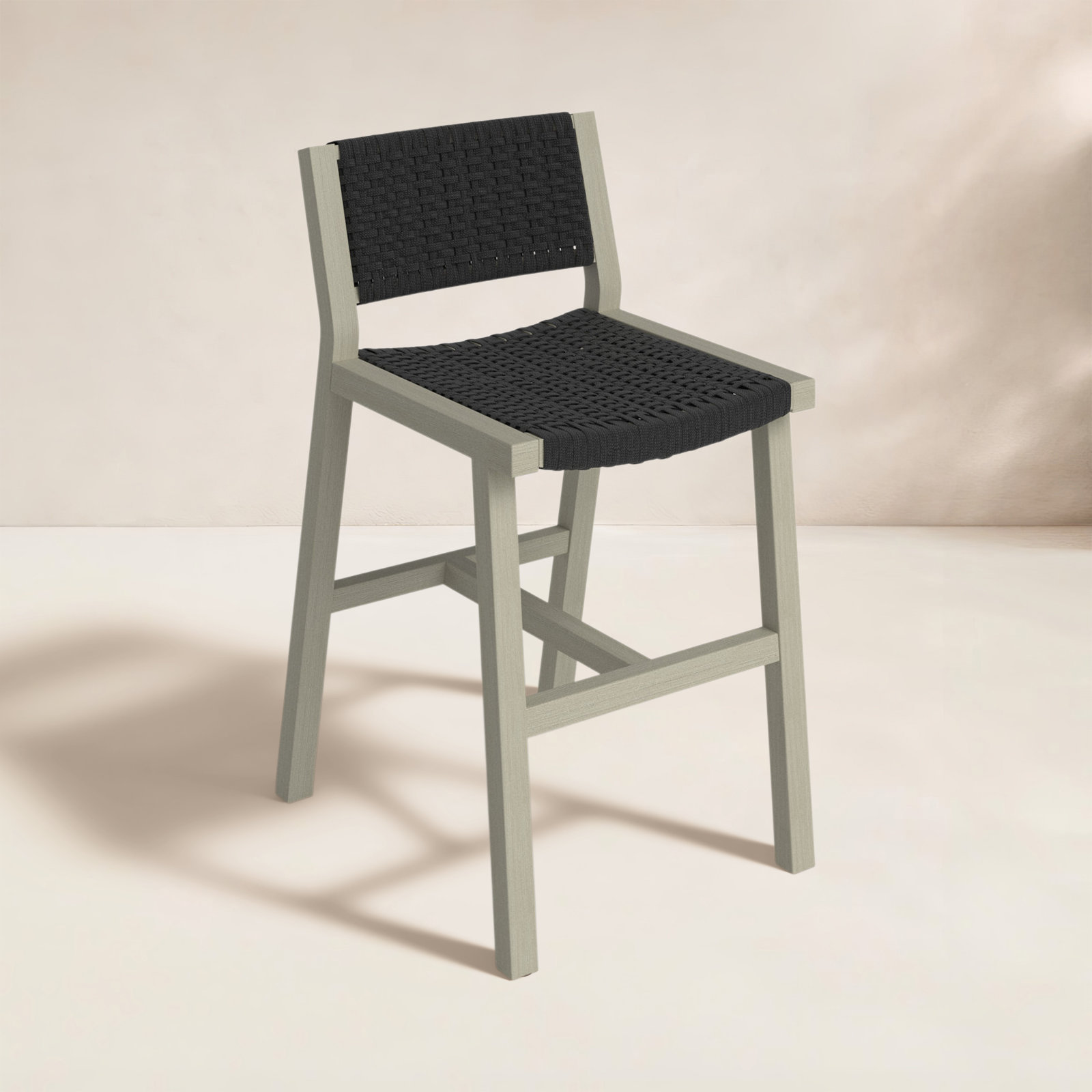 Shea Teak Outdoor Bar Stool, Dark Gray, Counter Stool (26" Seat Height), Dark Gray Rope