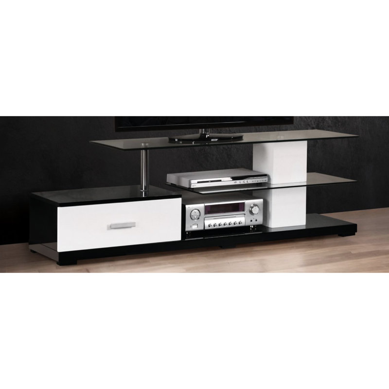Meuble télé rectangulaire blanc et noir avec 1 tiroir et 2 tablettes ouvertes pour écrans plats de 60 po