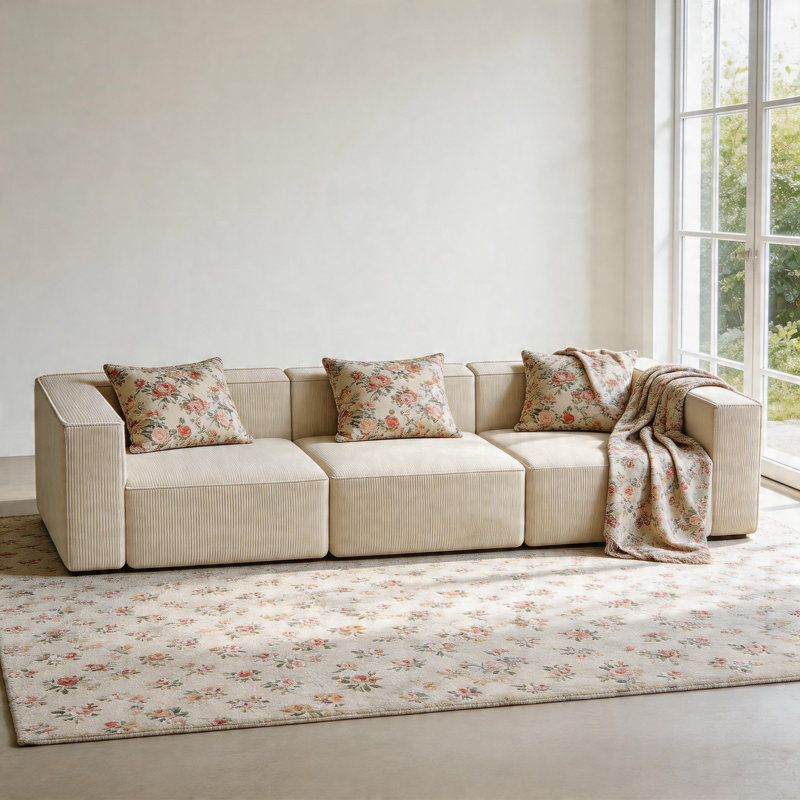 Boneless 108" Luxury Corduroy Three-Seater Compression Module Cloud Couch Living Room Sofa, Beige