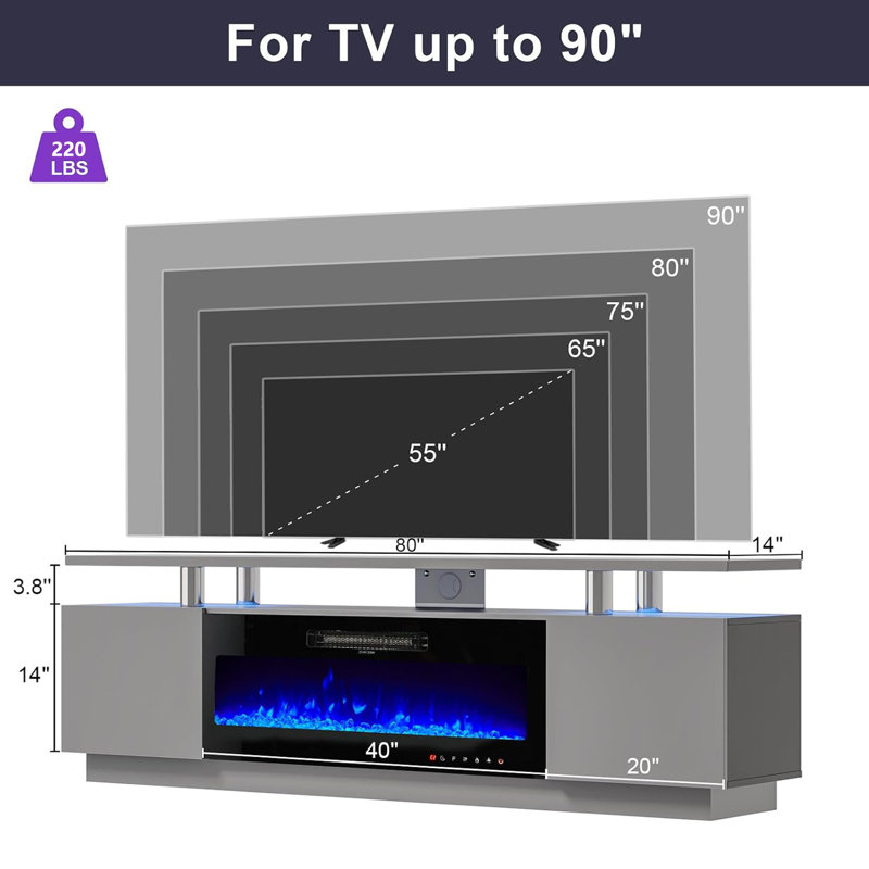 Bhhatu 2 Tier High 80" Gloss TV Stand with Electric Fireplace Included, Gray, Gray, 80"
