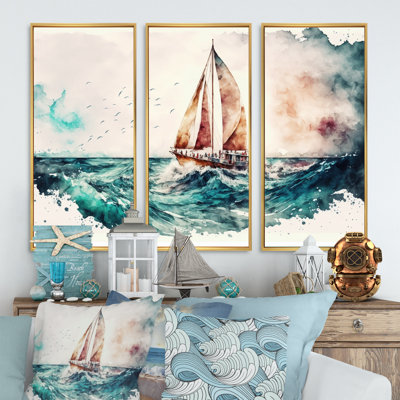 Aquarelle, voilier, croisières sur les vagues - impression sur toile 3 pièces