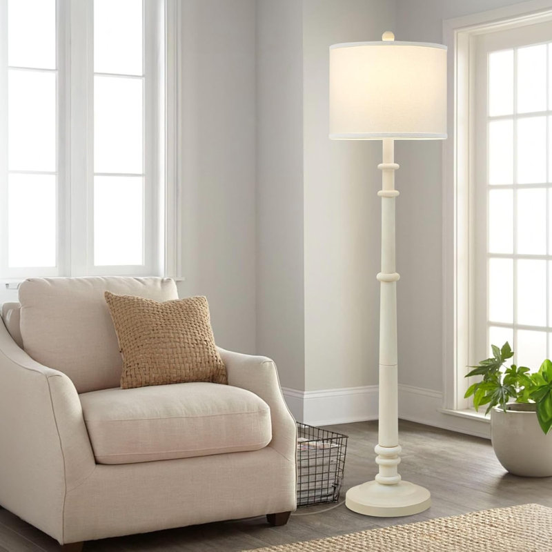 Lampe sur pied avec abat-jour en lin Farmhouse, Blanc, 3000, Blanc