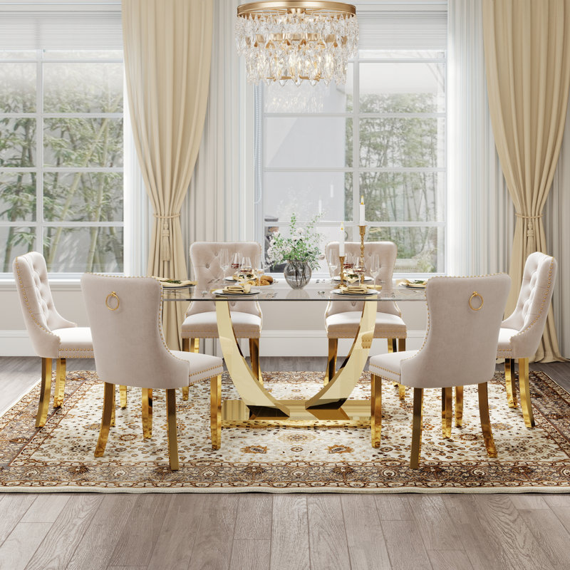 Kazandra 6 - Person Pedestal Dining Set, 30"H x 63"L x 35.4"W, Beige, Gold