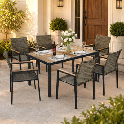 7 Piece Patio Dining Set with Solid Wood Tabletop and Umbrella Hole