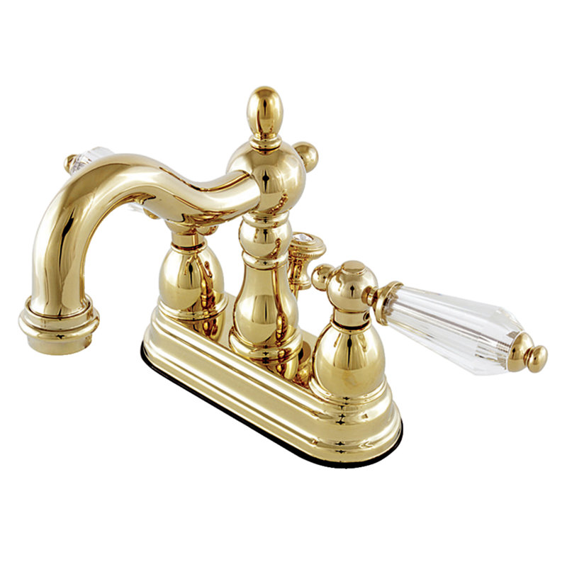 Kingston Brass Wilshire Two-Handle 3-Hole Deck Mount 4" Centerset Bathroom Faucet with Plastic Pop-Up, Polished brass