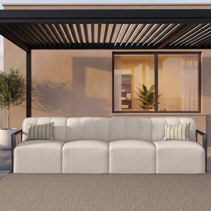Canapé d'angle modulaire moderne en aluminium à structure ouverte, grand format, 4 pièces, avec coussins Sunbrella