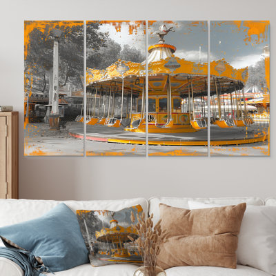 Yellow Grey Autumn Wonderland Carousel Parks - Amusement Parks Wall Art Living Room Set