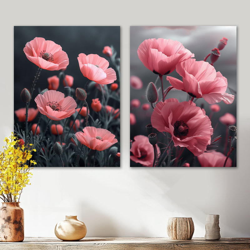 «Pink Gray Winds Poppies Garden I», ensemble de 2 reproductions d'art mural en métal coquelicot, H 32 po x l 48 po