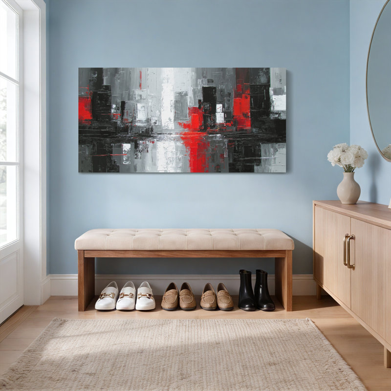 Ensemble de 1 tableau abstrait géométrique rouge, noir et gris sur toile tendue, H 20 po x l 40 po