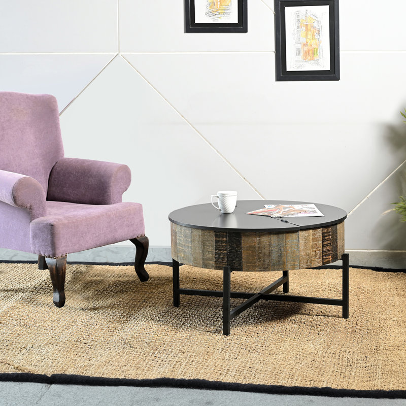 Table basse rustique pour espace de vie - Bois de manguier avec charnières et fer à repasser
