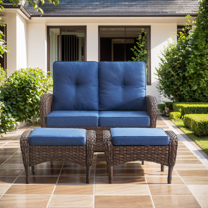 Causeuse de patio en osier avec repose-pieds 50 po Aluel, Bleu, Brun