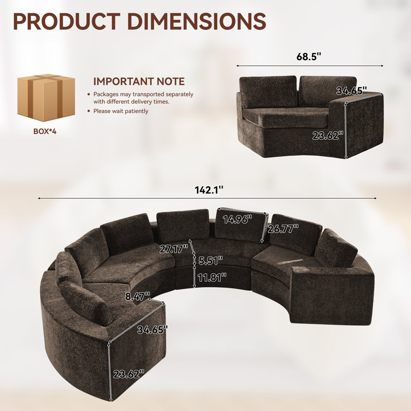 Canapé modulaire courbé Boneless, 4 à 12 places avec accoudoirs larges de 8,47 po, aucun assemblage requis, Brun, 8