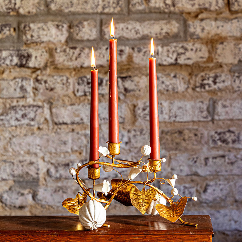 Forest Walk Pumpkin & Vine Candlestick Holder - Gold, 7.25" H x 12" W x 7" D, 3