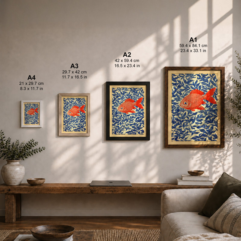 Goldfish Swimming Boho 1 Piece Single Picture Frame Wall Art, A4 - 29.7 x 21.0 cm, Walnut