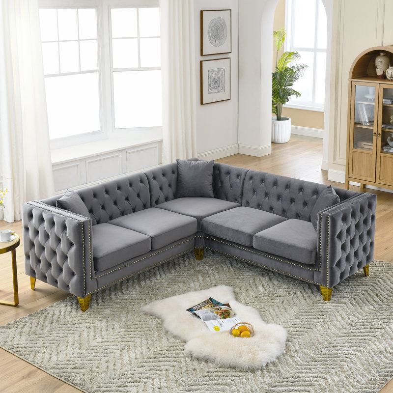 Stoughton L-Shaped Sectional Sofa with Cushions, Gray Velvet
