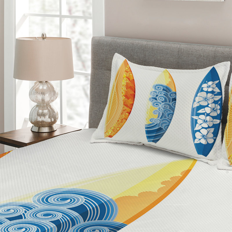 King White Quilted Bedspread Set with Surf Design