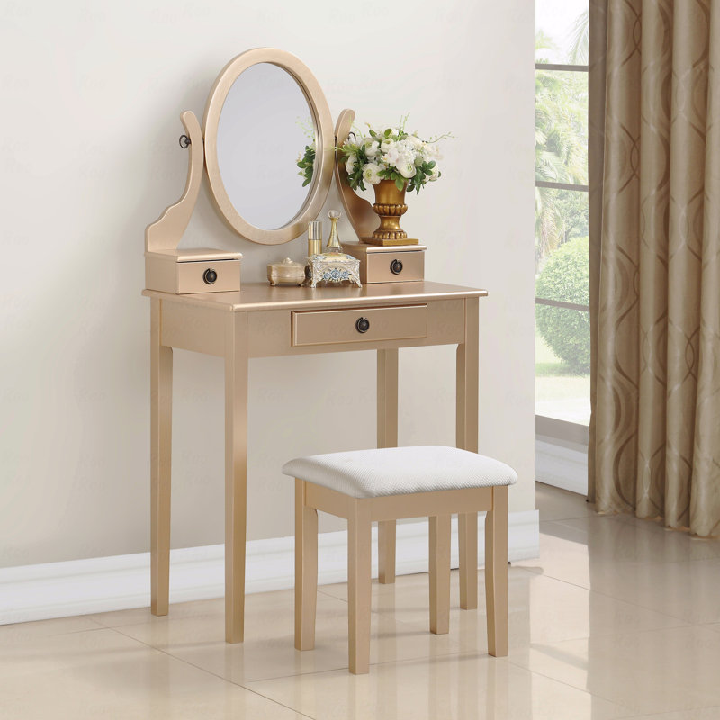Ensemble coiffeuse et tabouret de maquillage en bois Moniya, Doré
