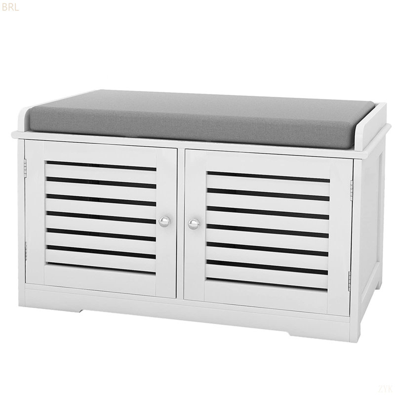 Banc de rangement pour chaussures avec coussin de siège rembourré, banc d'entrée avec 2 portes de grange
