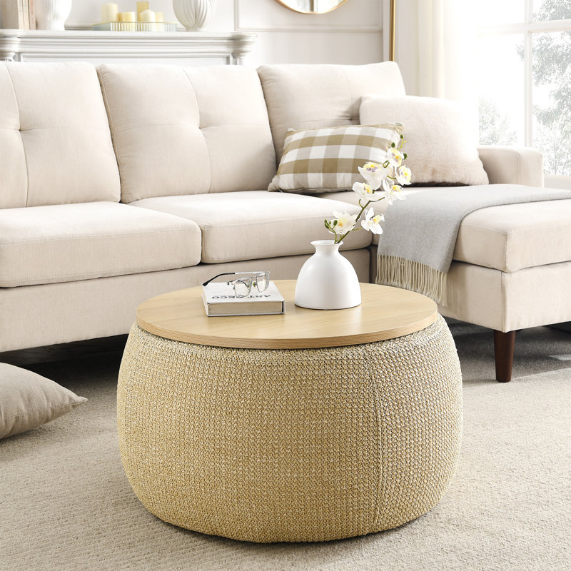 Repose-pieds rond avec rangement, fonction 2 en 1, table de bout avec repose-pieds, Naturel