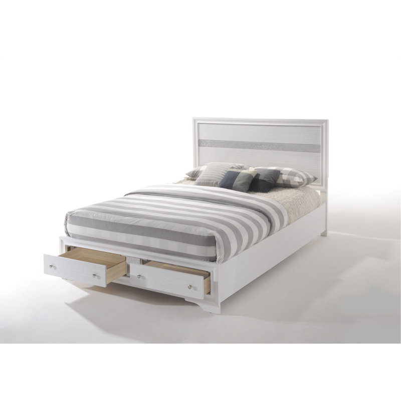 Grand lit de rangement blanc - Acrylique et placage sans sommier requis 5 pieds de support 2 tiroirs avec butée à profil bas en bois Capacité de poids de 660 lb et limite de 20 lb